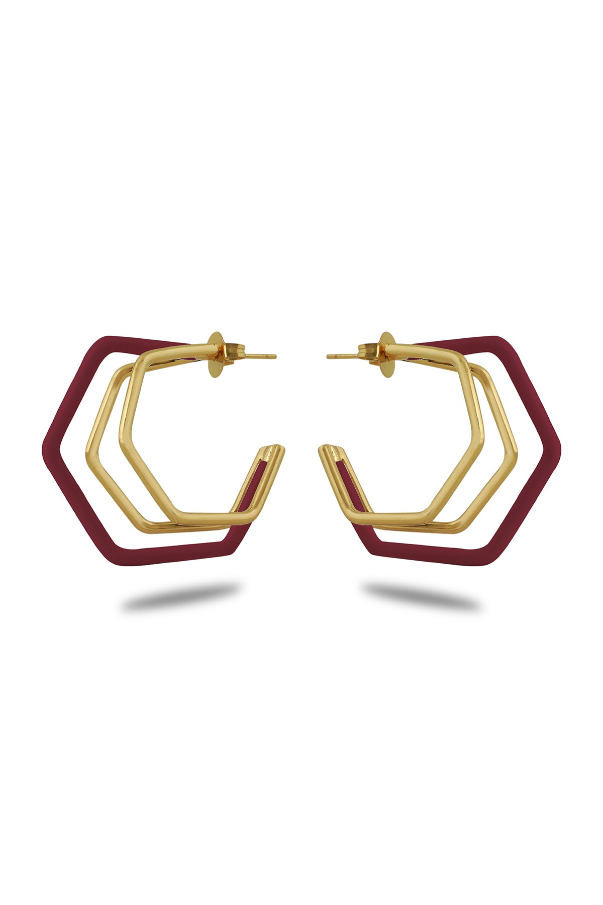 Gold Trio Maroon Enamel Hoop Earrings