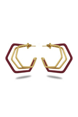 Gold Trio Maroon Enamel Hoop Earrings
