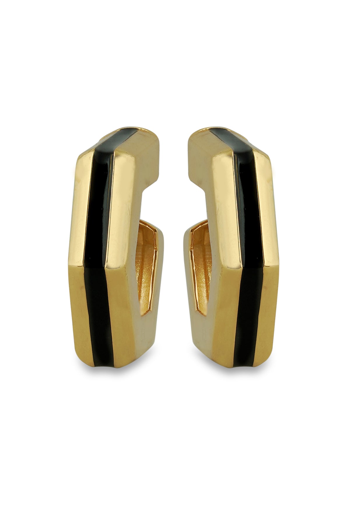 Gold Black Enamel Geometric Hoop Earrings