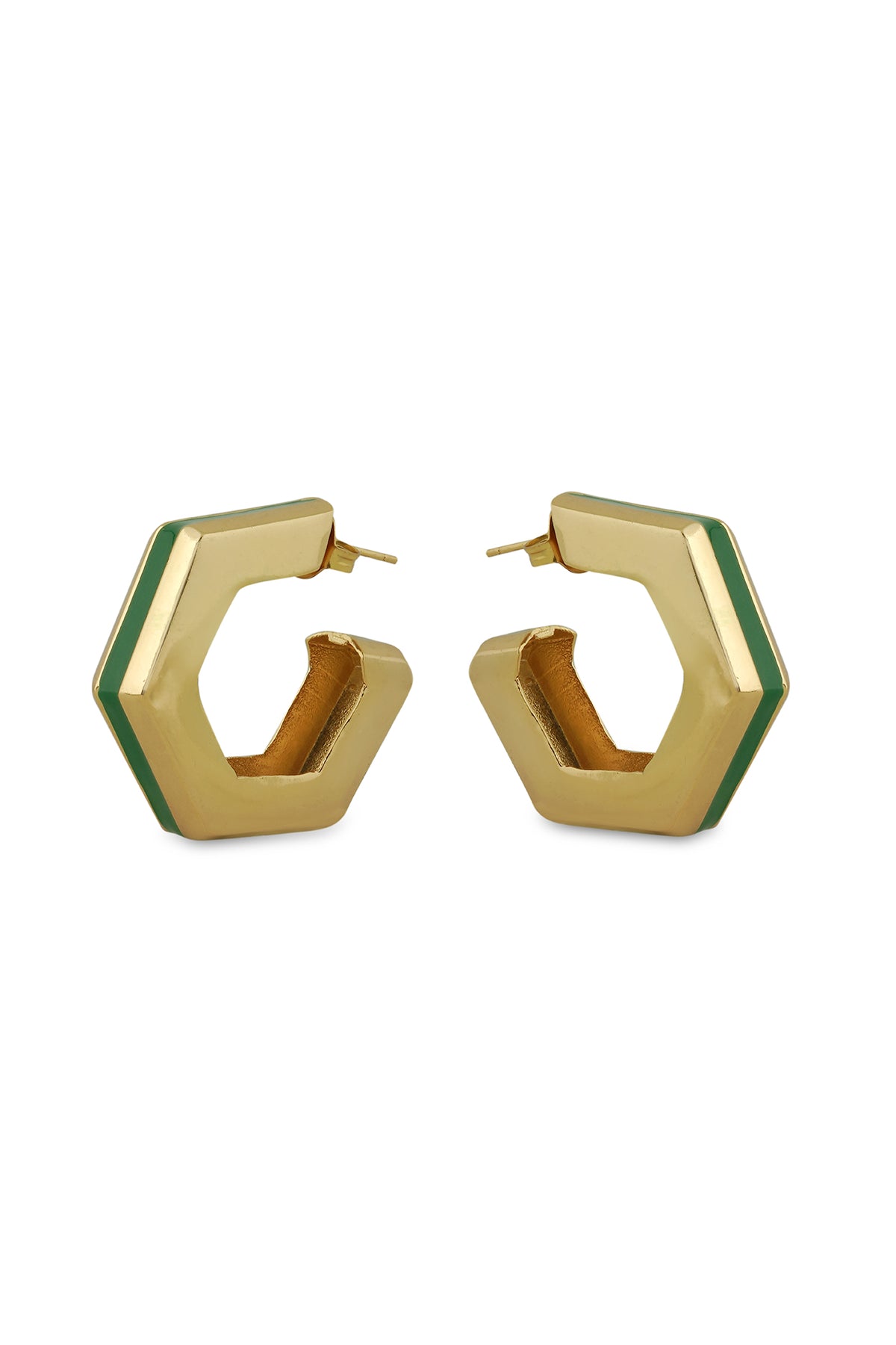 Gold Green Enamel Geometric Hoop Earrings