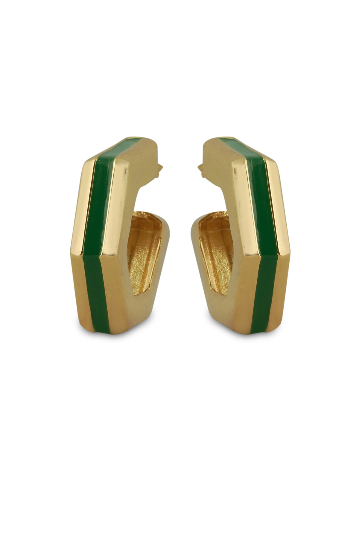 Gold Green Enamel Geometric Hoop Earrings