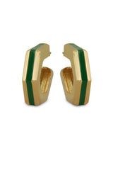 Gold Green Enamel Geometric Hoop Earrings