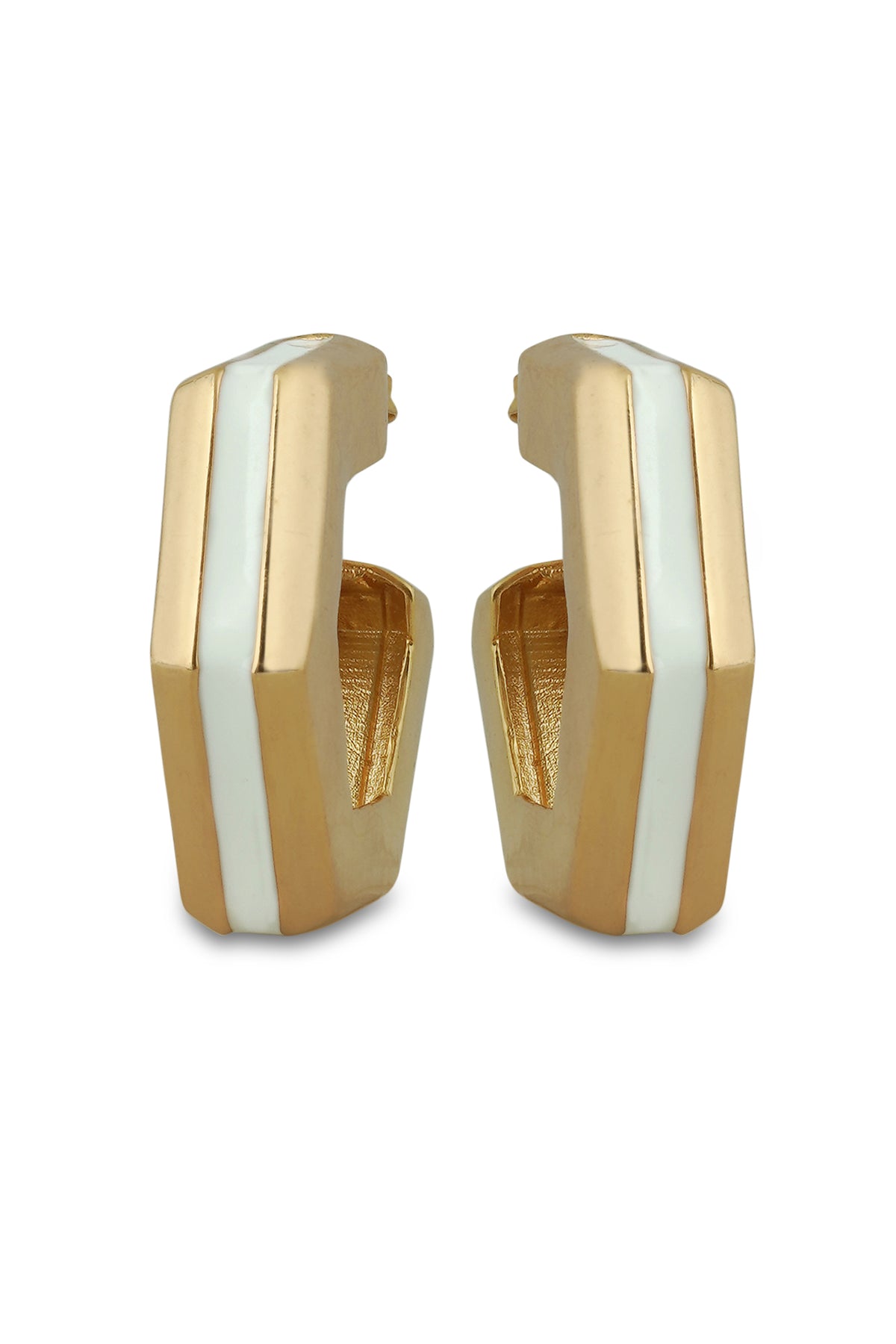 Gold White Enamel Geometric Hoop Earrings