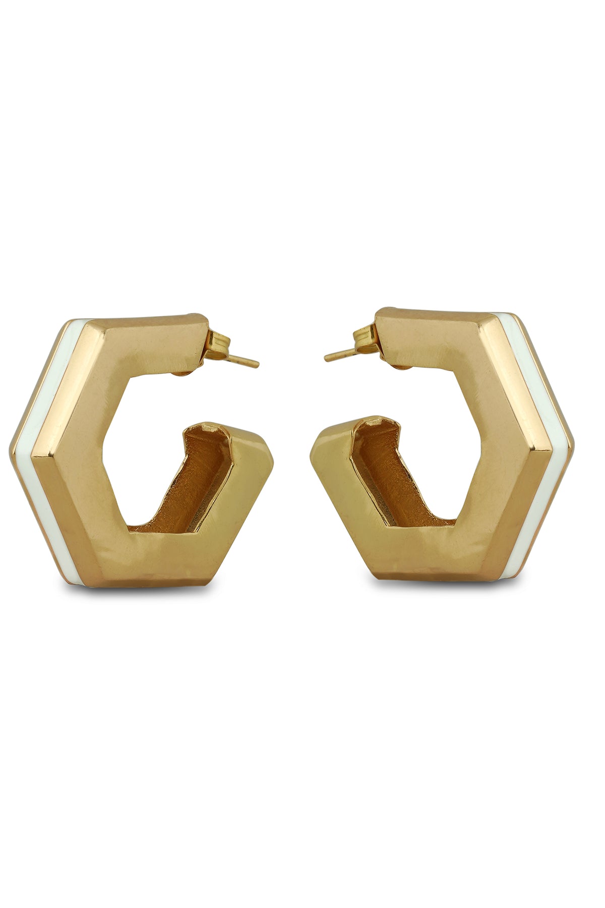 Gold White Enamel Geometric Hoop Earrings