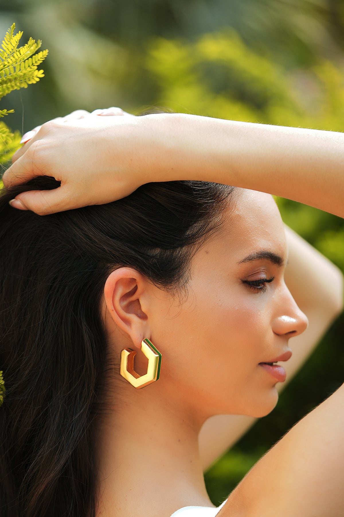 Gold Green Enamel Geometric Hoop Earrings