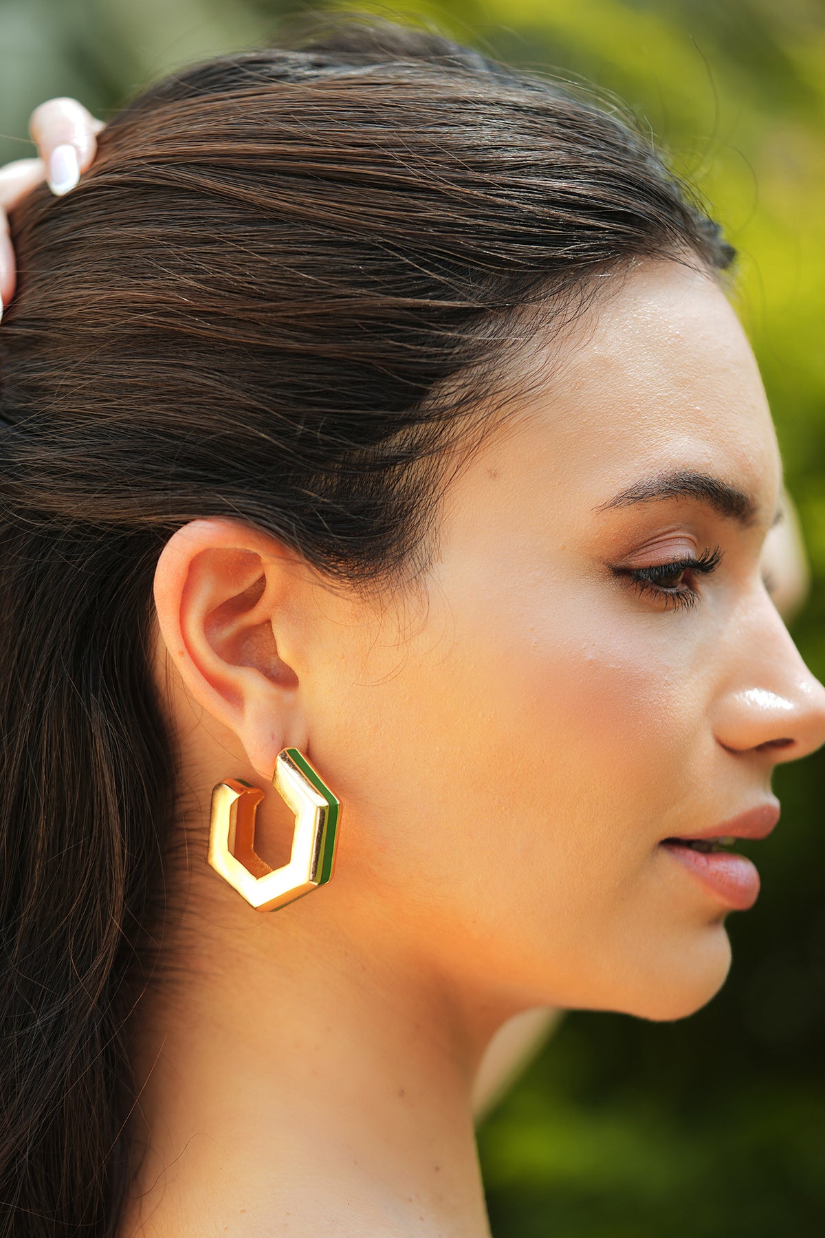 Gold Green Enamel Geometric Hoop Earrings