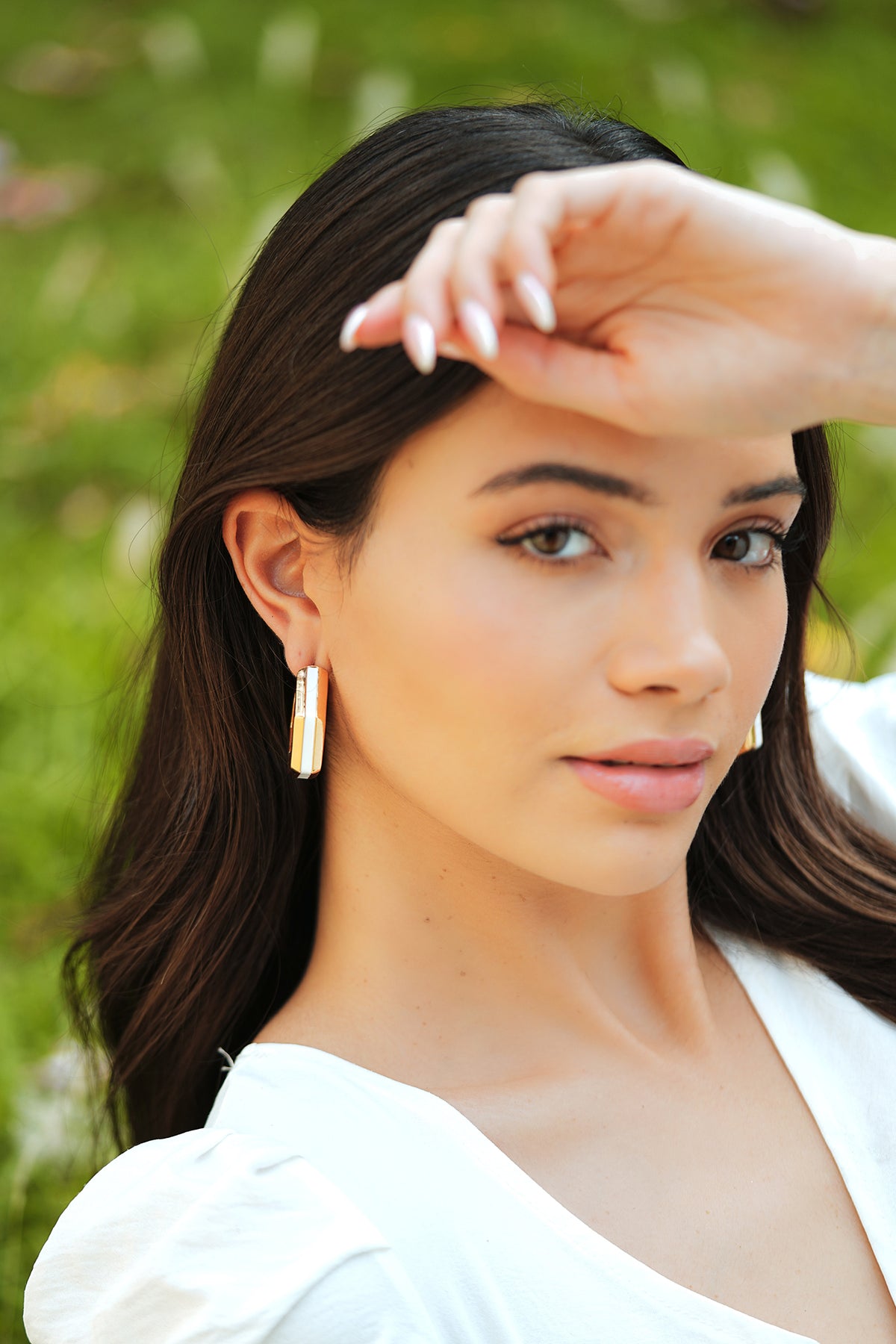 Gold White Enamel Geometric Hoop Earrings