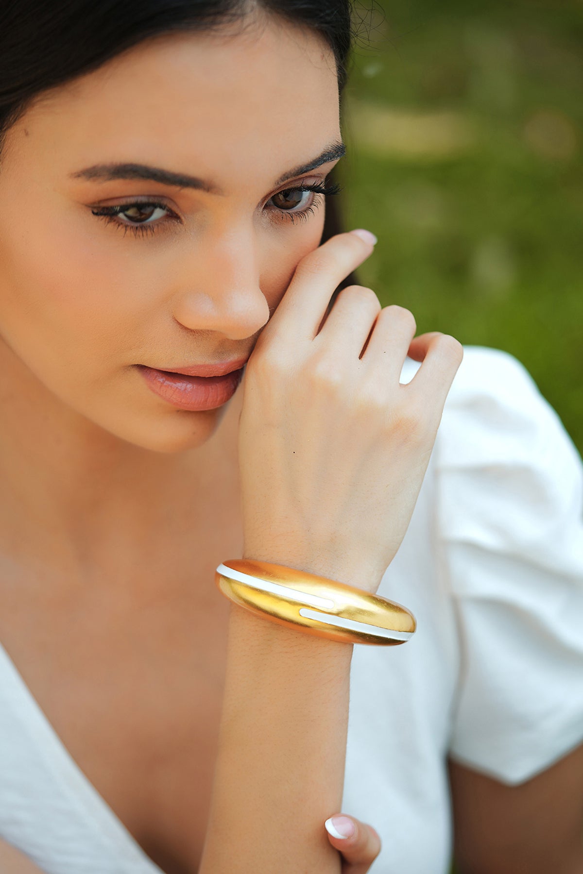 Gold White Enamel Minimal Statement Bangle
