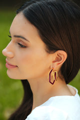 Gold Trio Maroon Enamel Hoop Earrings