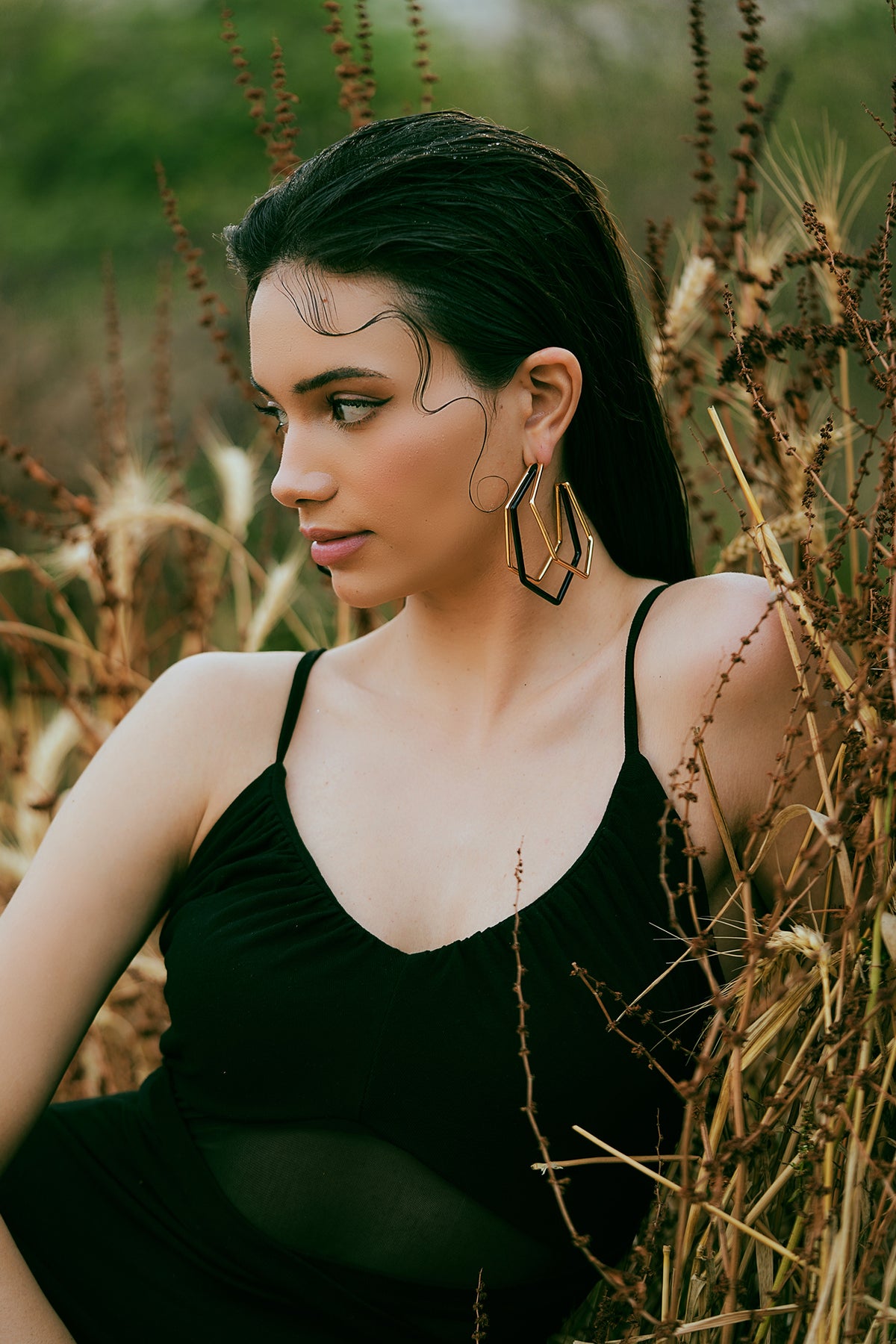 XL Gold Black Enamel Hoop Earrings
