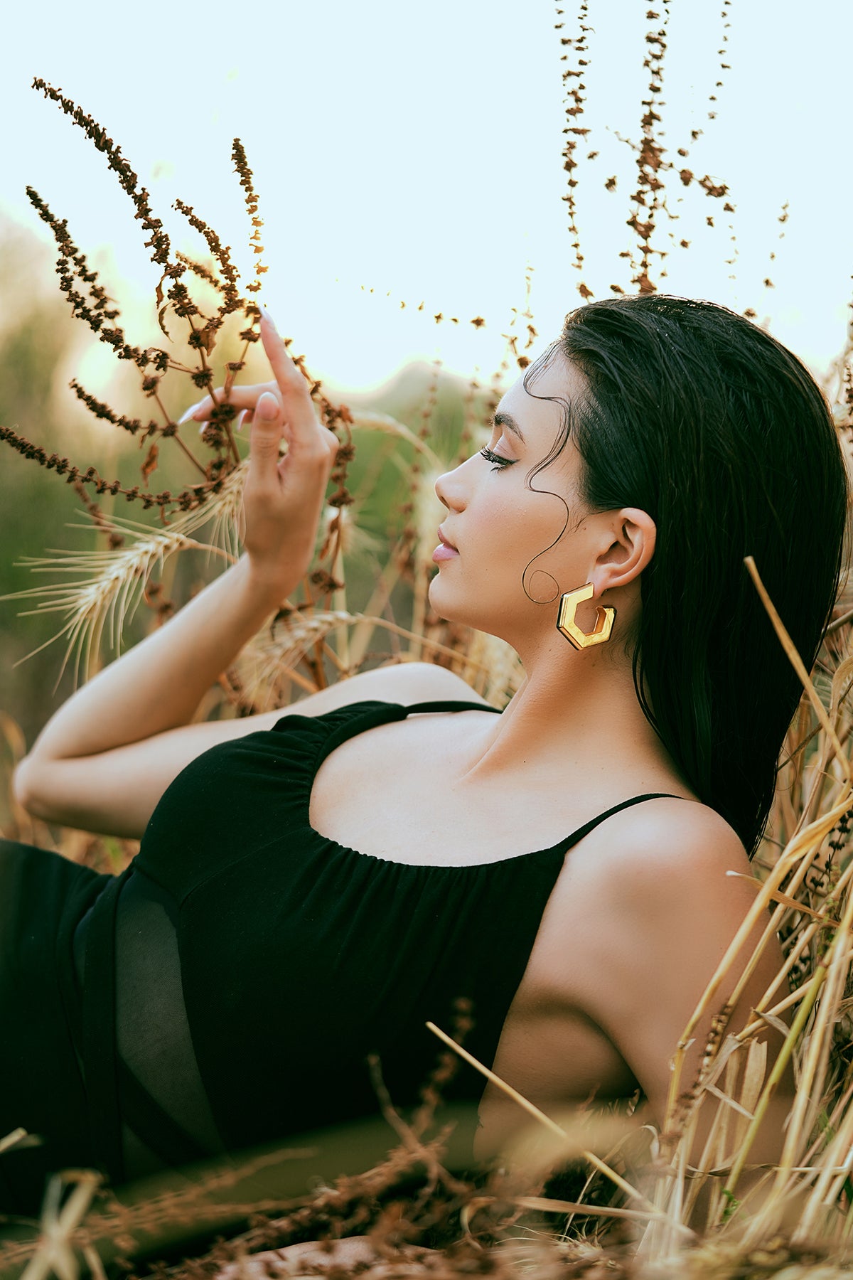 Gold Black Enamel Geometric Hoop Earrings