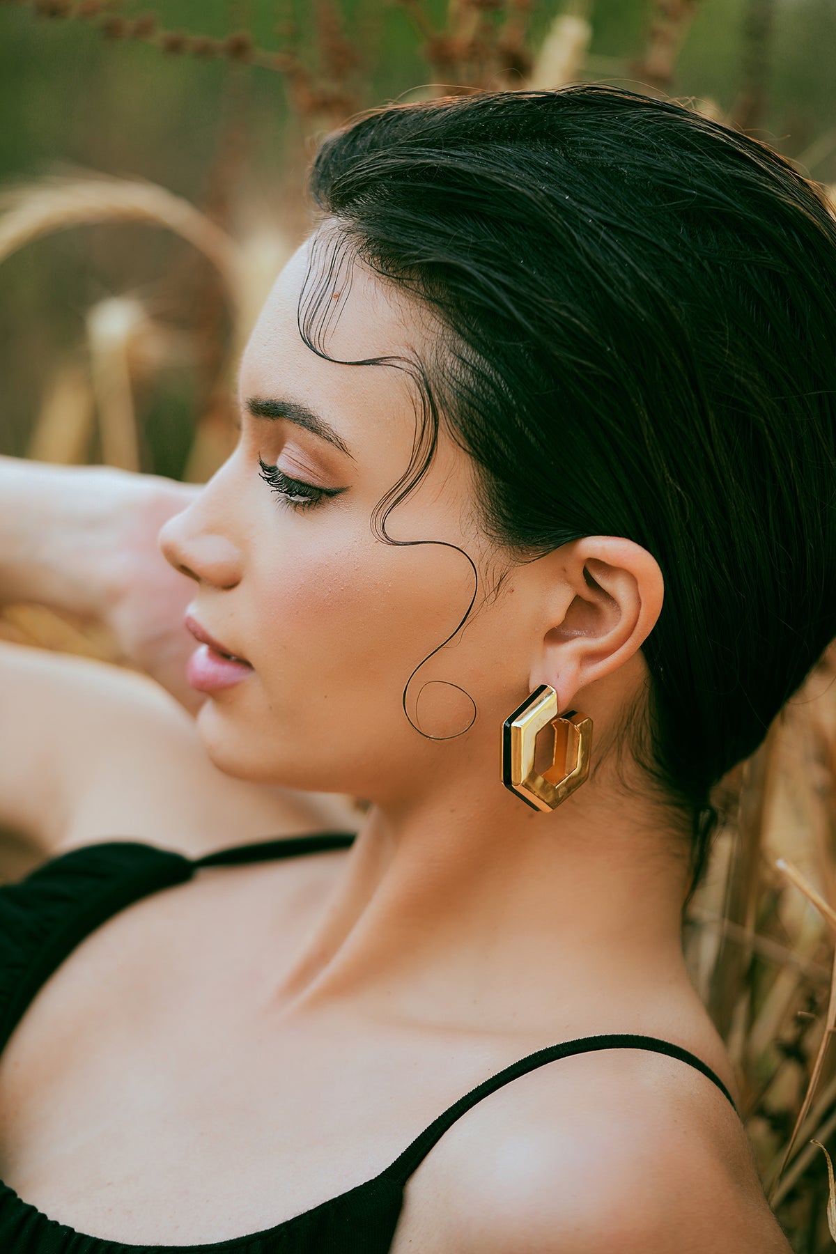 Gold Black Enamel Geometric Hoop Earrings