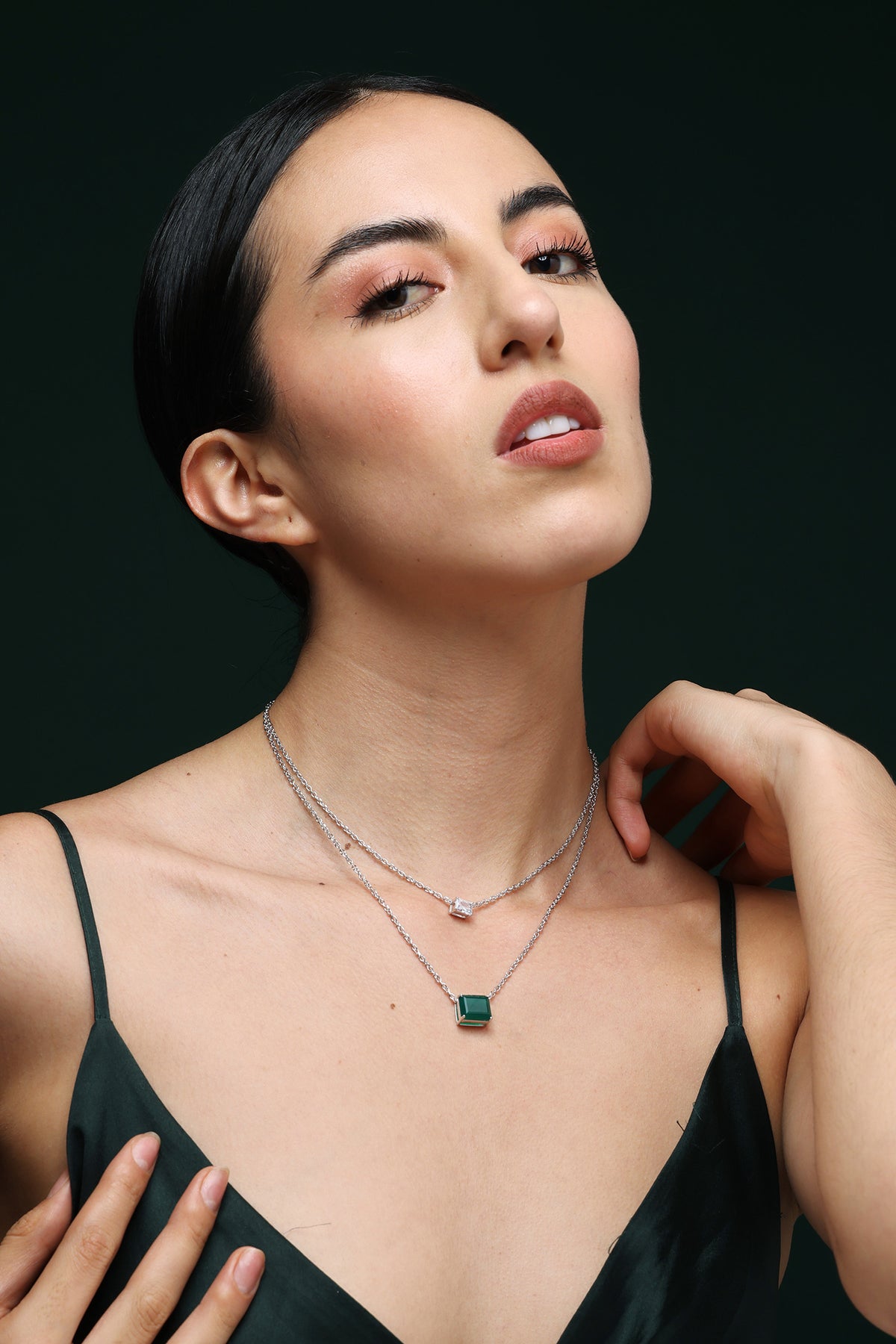 Gold Modern CZ & Green Stone Necklace