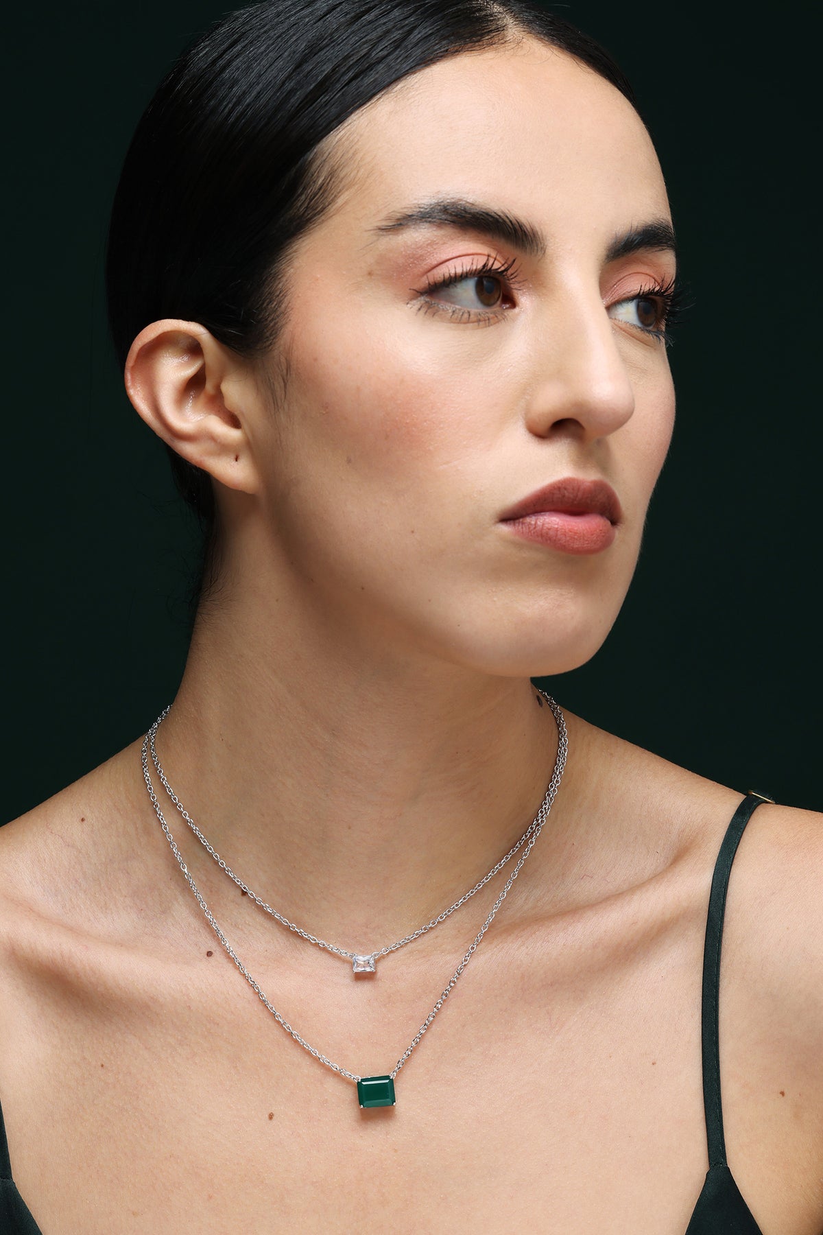 Gold Modern CZ & Green Stone Necklace