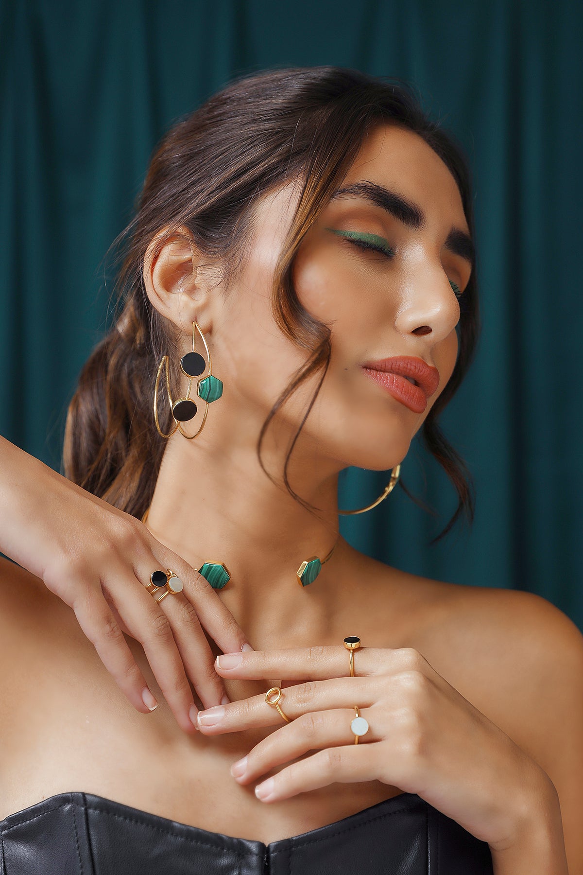 Gold Black Onyx & Malachite Statement Hoop Earrings