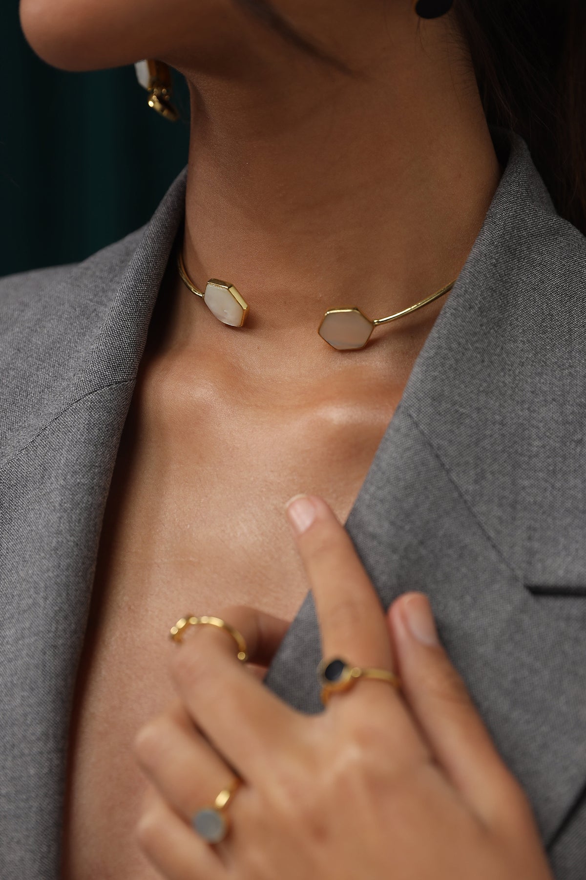 Gold Semi-Precious Stone Choker Necklace - White