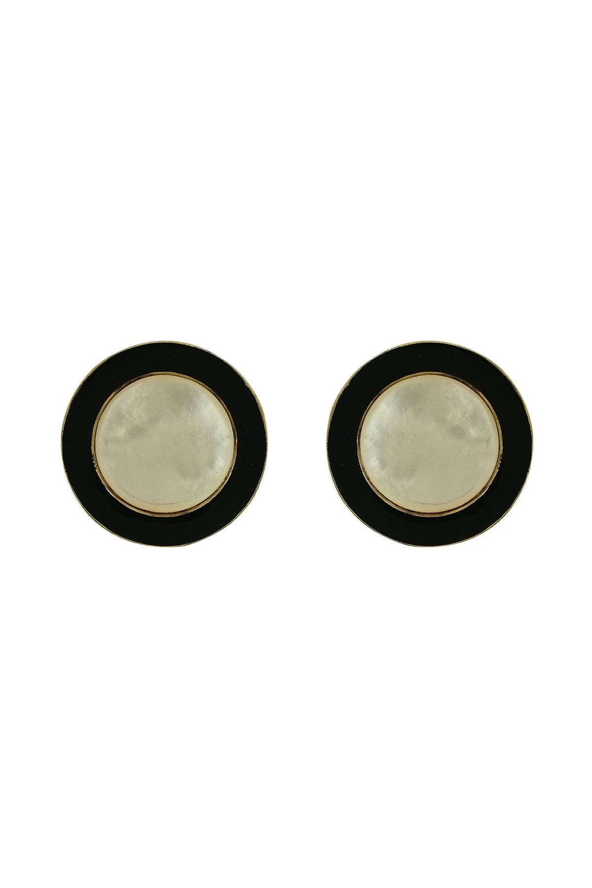 Gold Black Enamel & Mother of Pearl Statement Stud Earrings