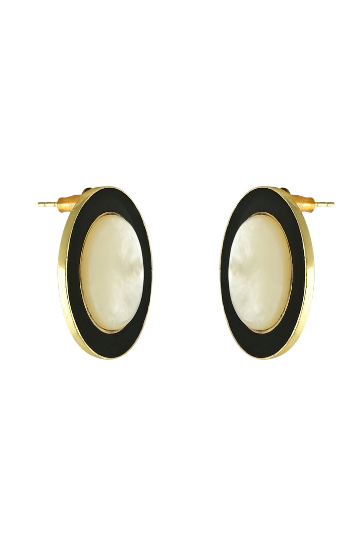 Gold Black Enamel & Mother of Pearl Statement Stud Earrings