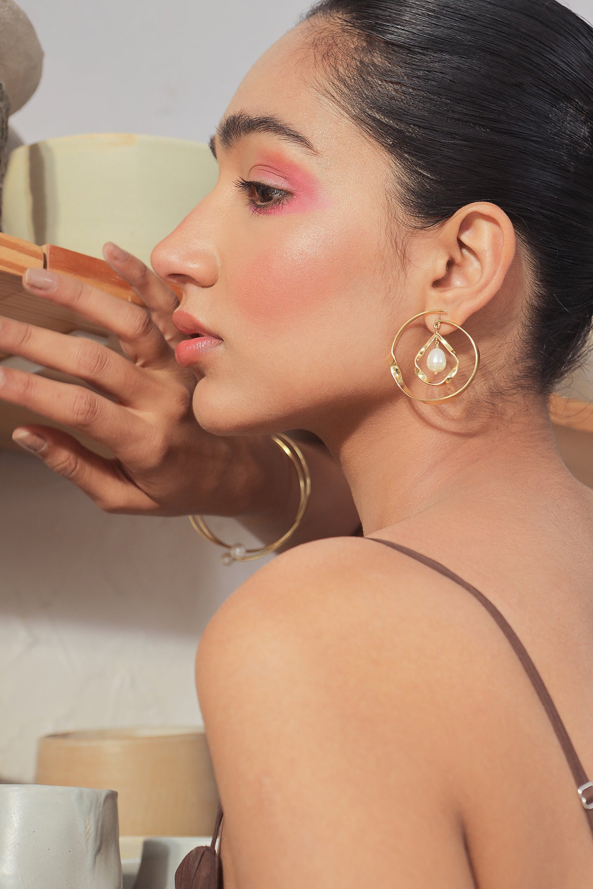 Gold Sculptural Pearl Drop Earrings