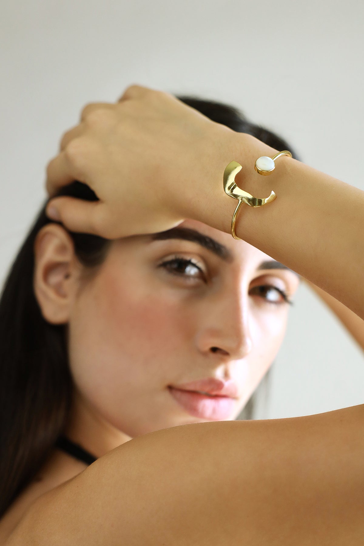 Gold Pearl White Minimal Statement Bangle