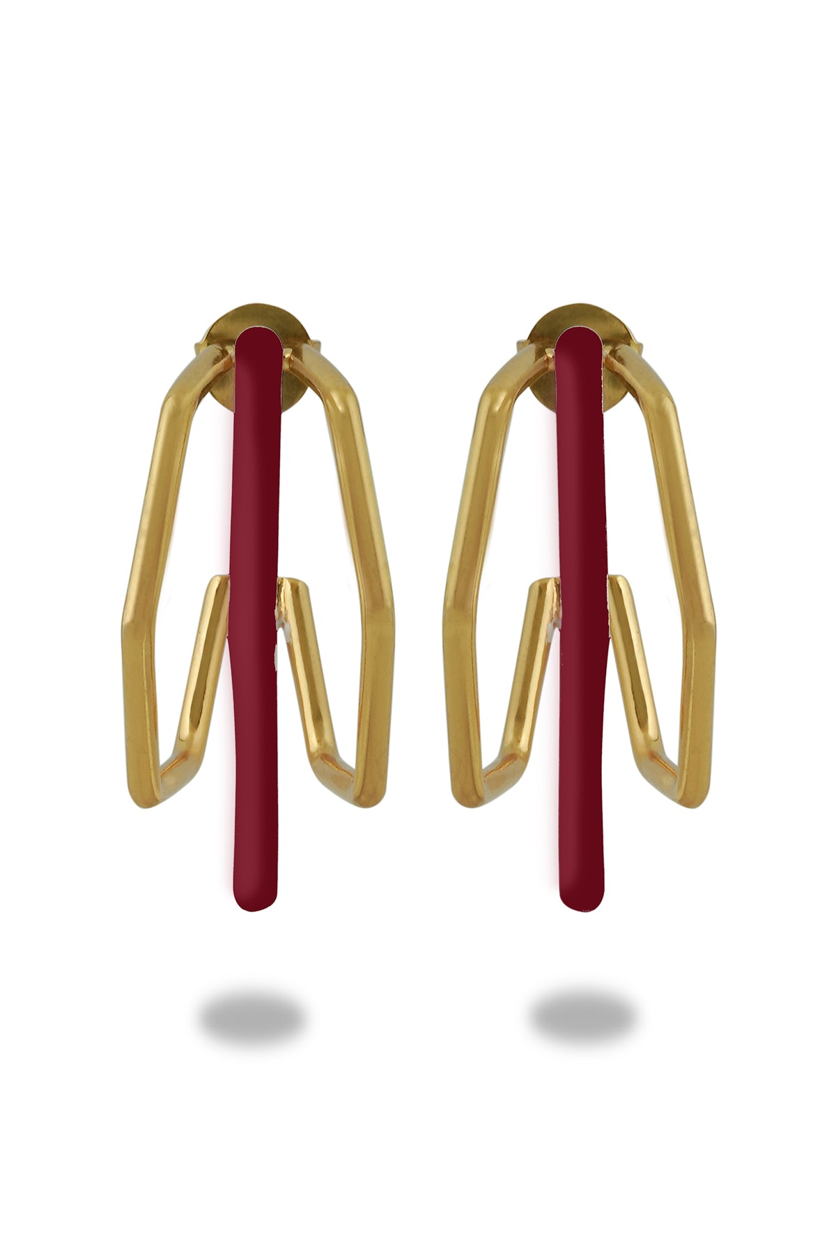 Gold Trio Maroon Enamel Hoop Earrings