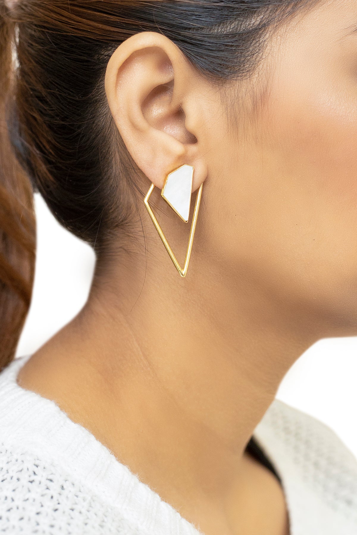 Gold Sculptural White Minimal Statement Earrings