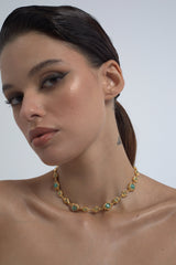 Gold Aqua Gemstone Choker Necklace