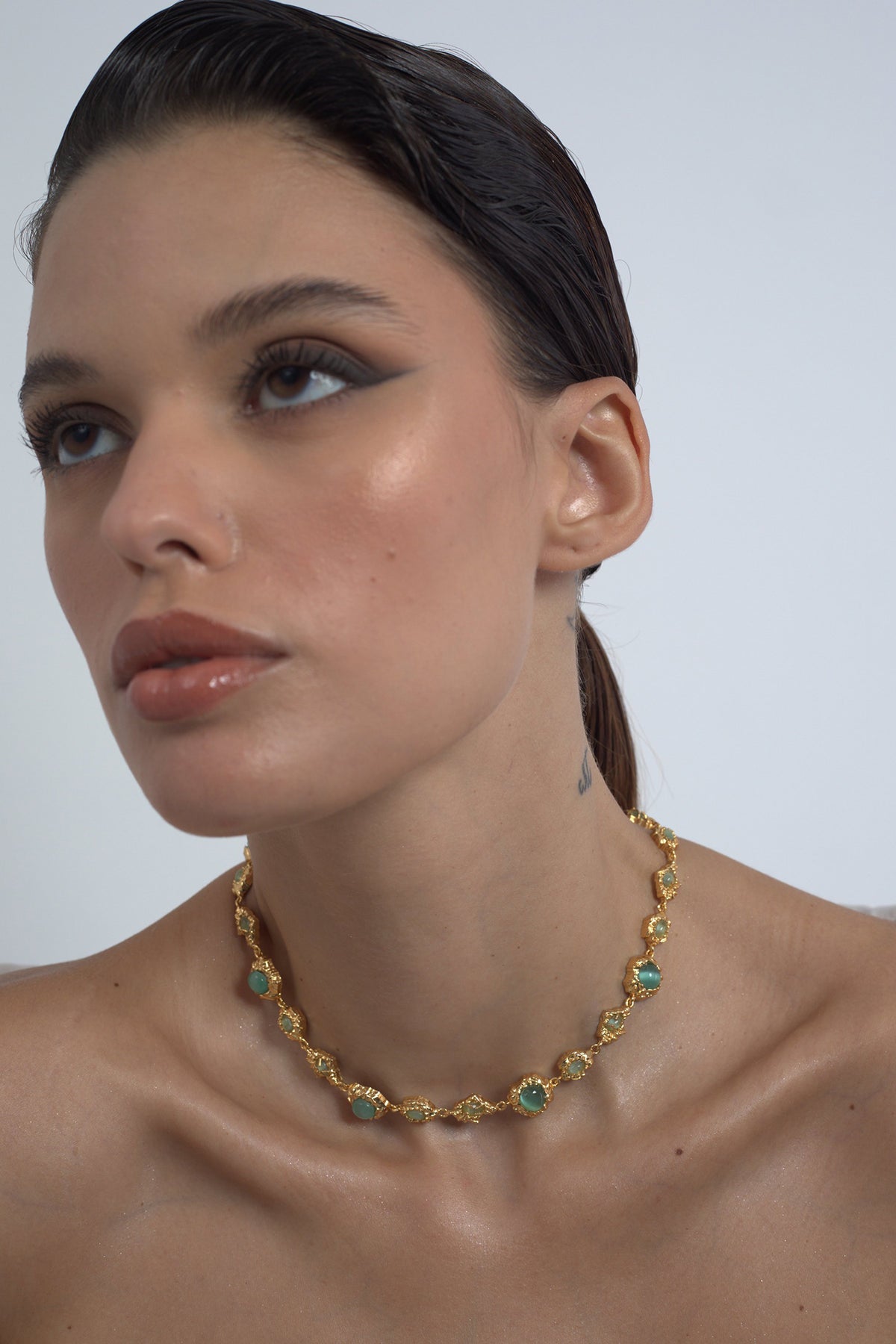 Gold Aqua Gemstone Choker Necklace