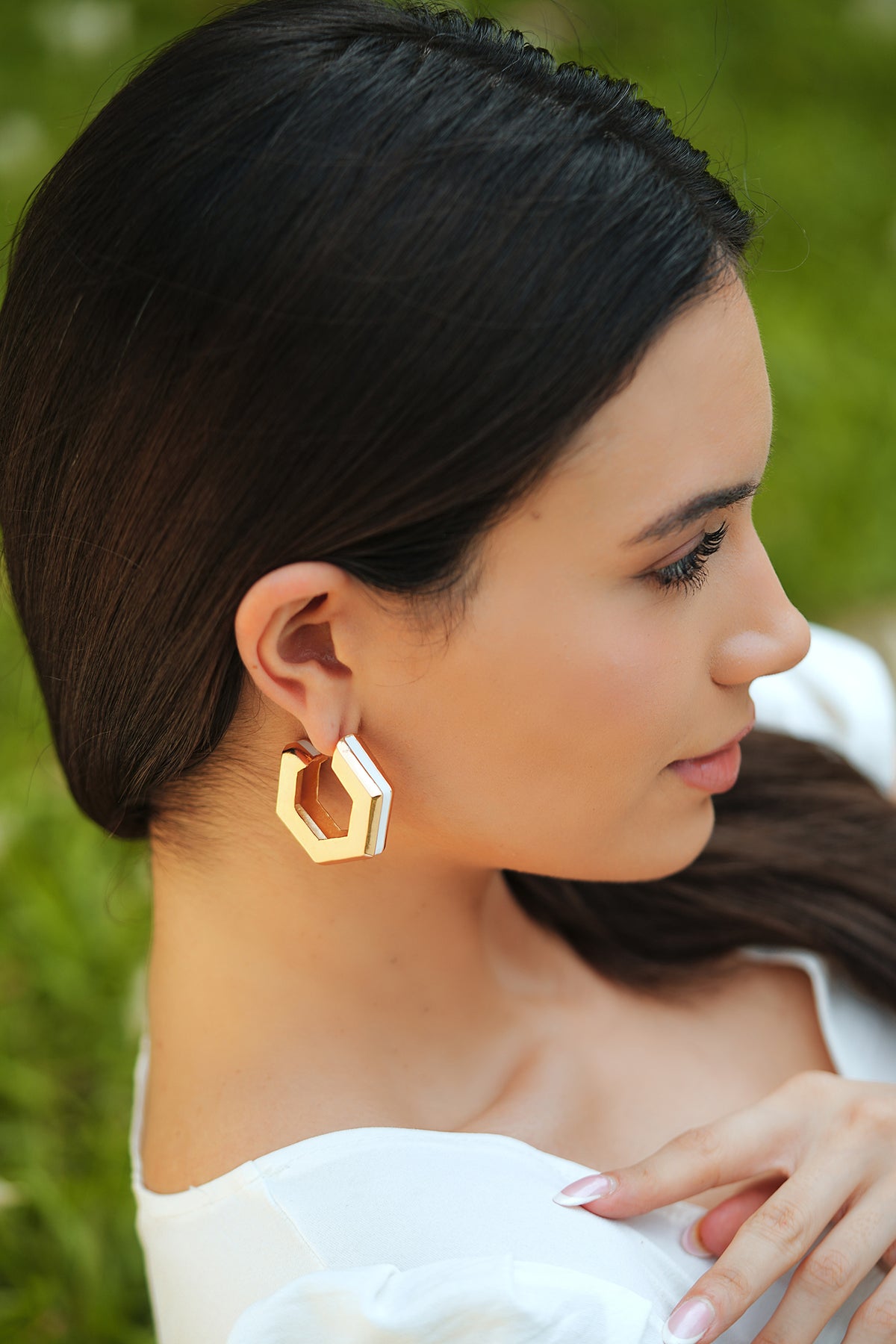 Gold White Enamel Geometric Hoop Earrings