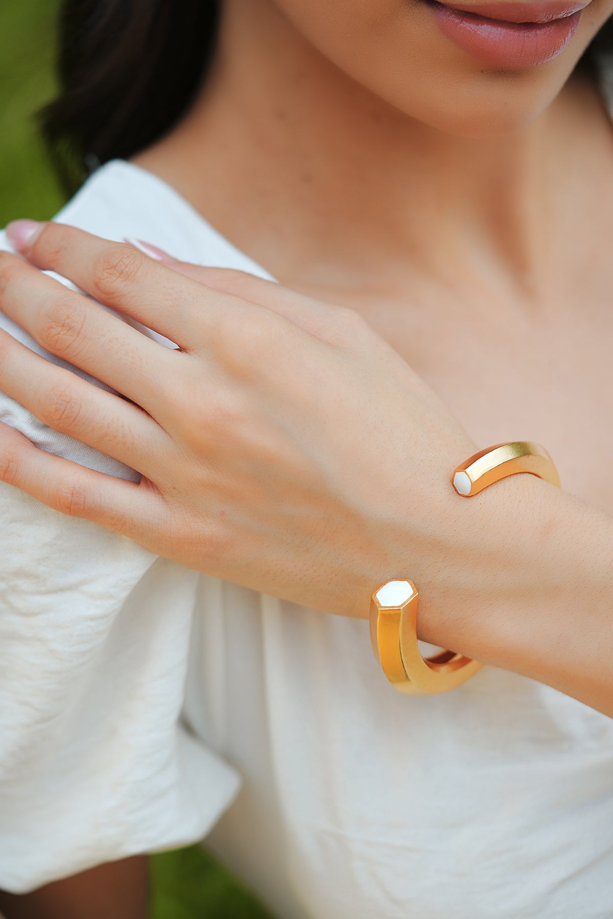 Gold White Enamel Hexagonal Open Cuff Bracelet
