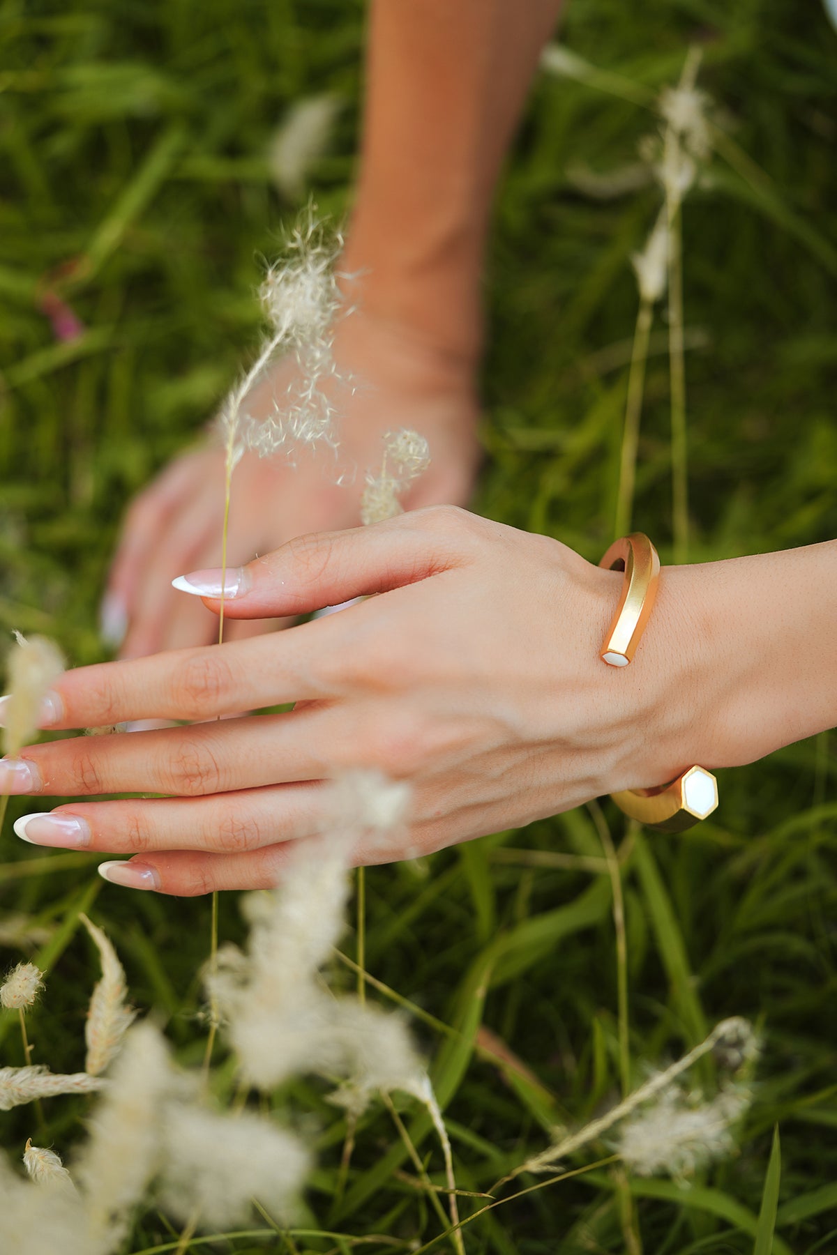Gold White Enamel Hexagonal Open Cuff Bracelet