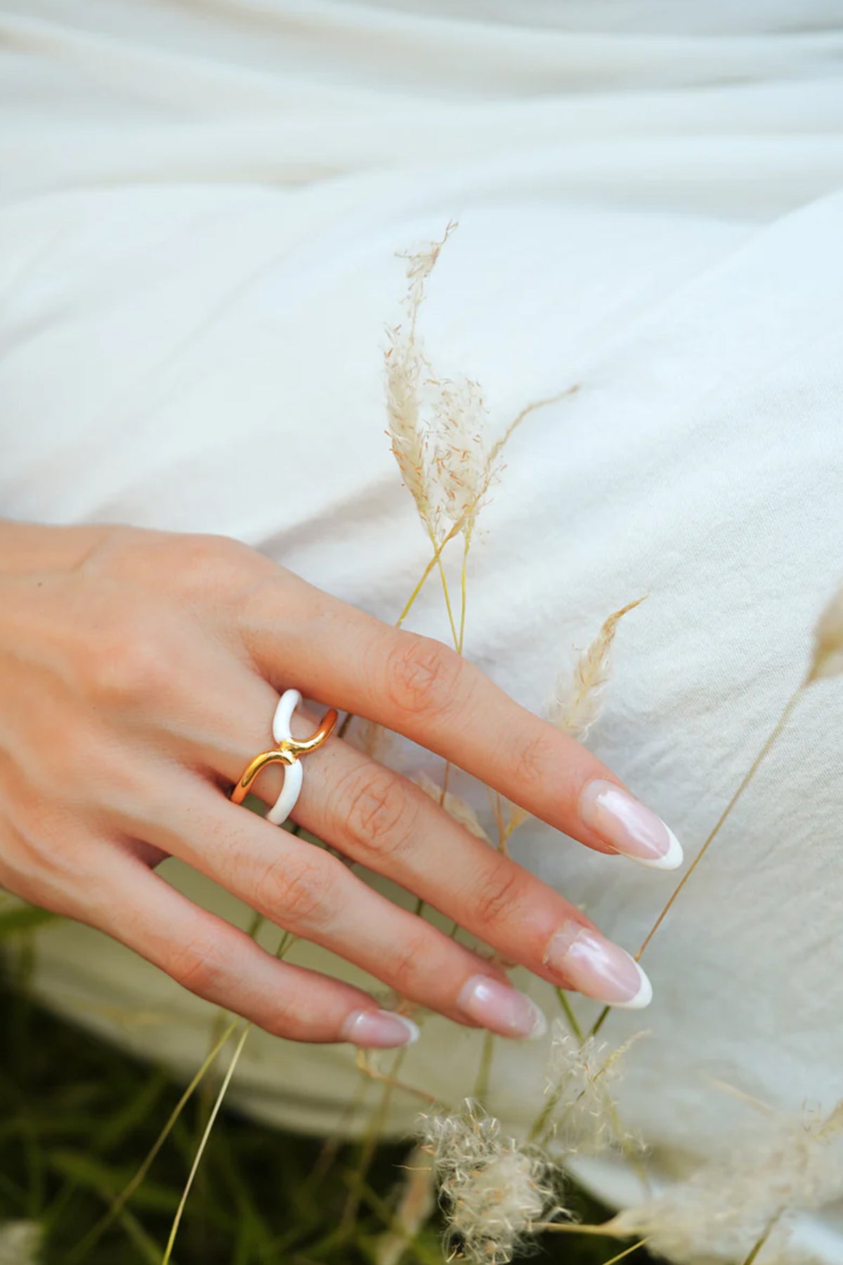 Gold White Enamel Twisted Statement Ring