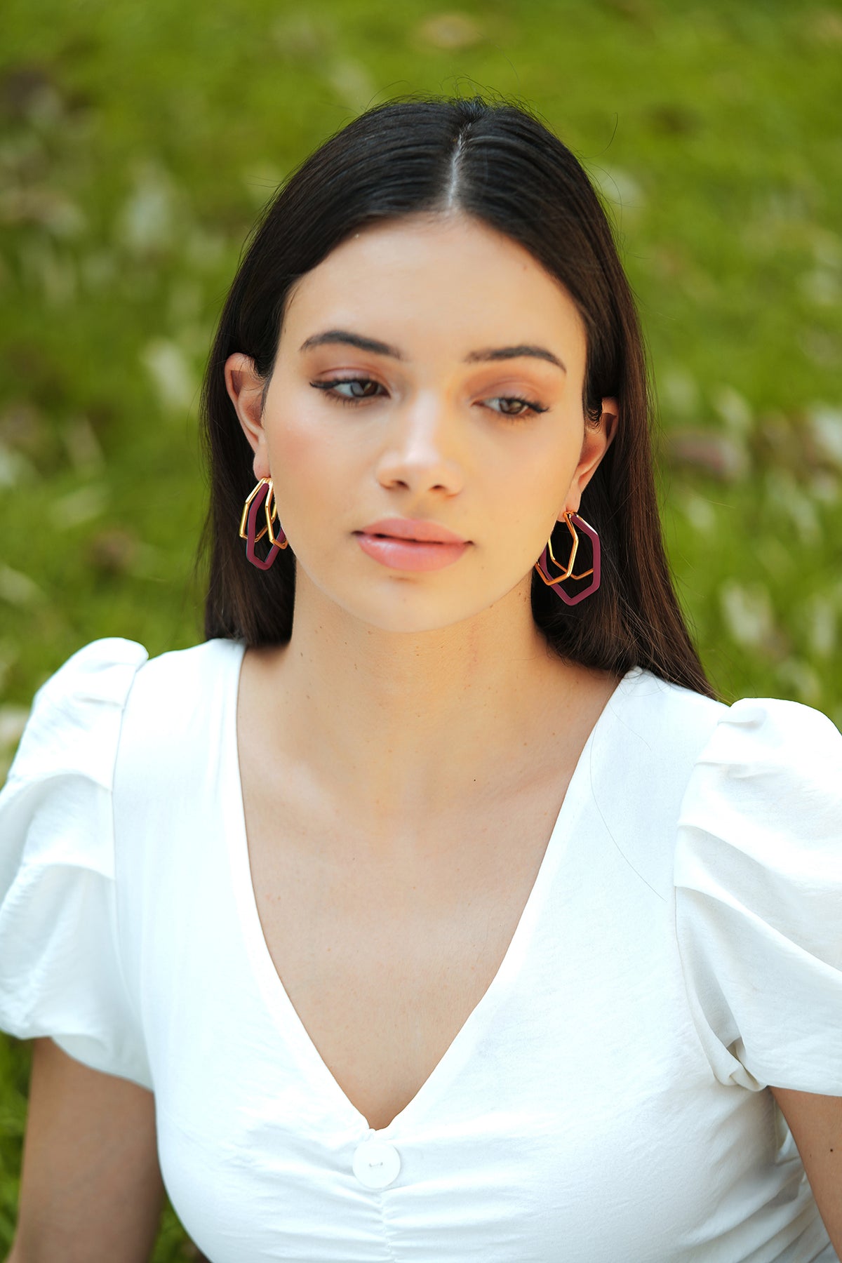 Gold Trio Maroon Enamel Hoop Earrings