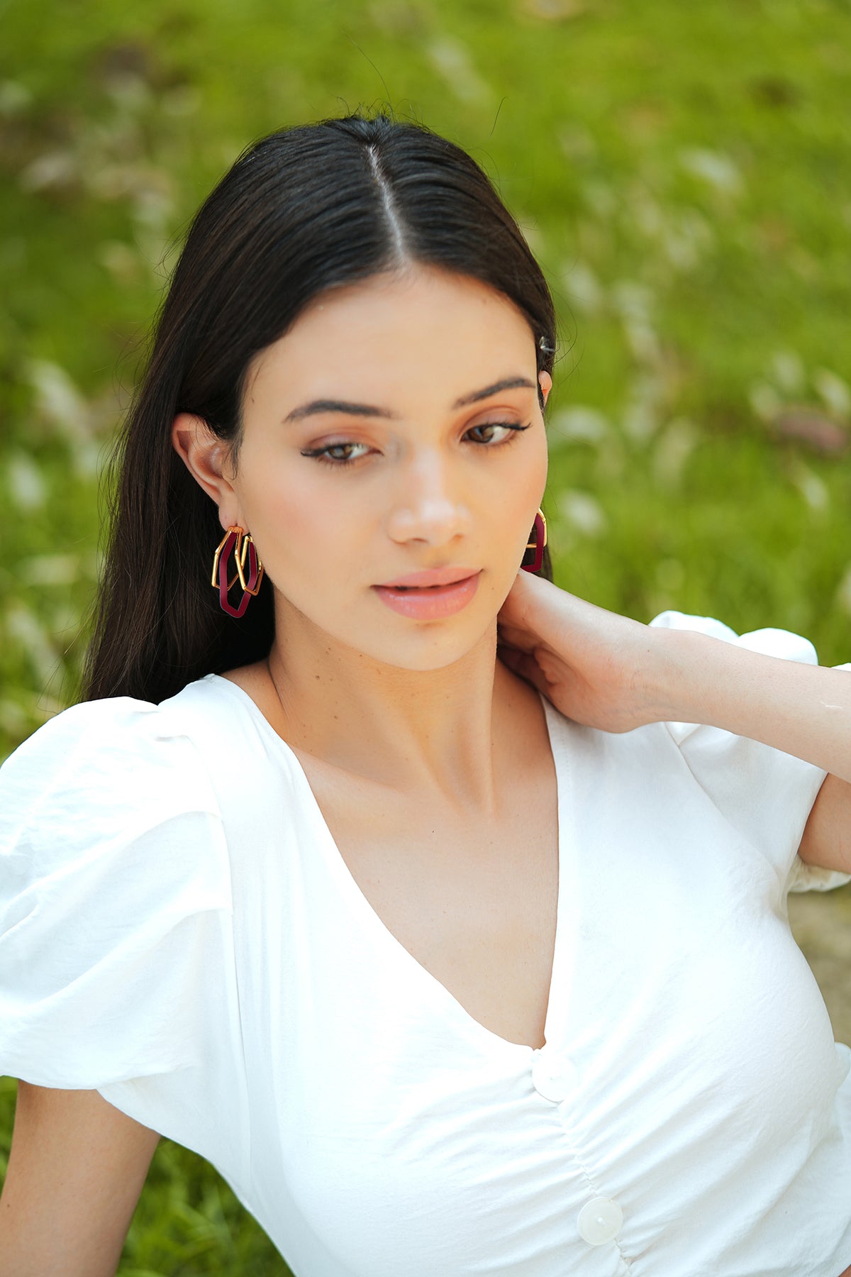 Gold Trio Maroon Enamel Hoop Earrings