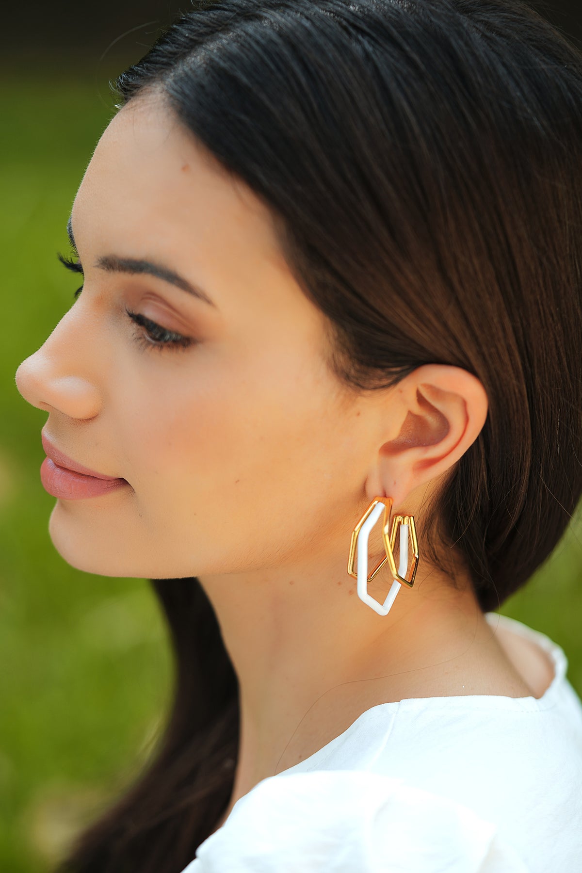 Gold Trio White Enamel Hoop Earrings