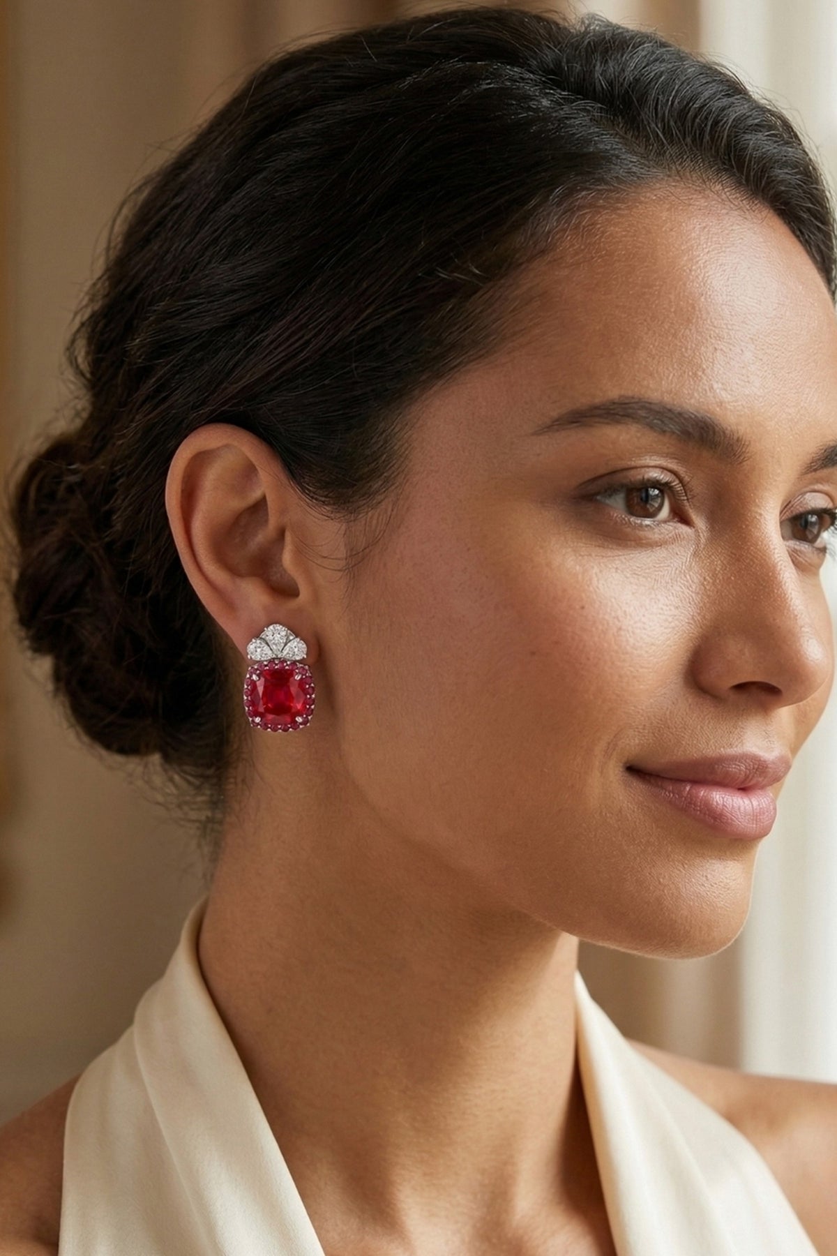 Red Floral Gemstone Stud Earrings