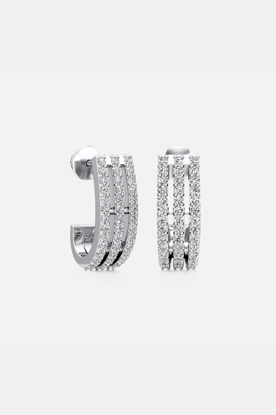 Tri-Pavé Silver Hoop Earrings