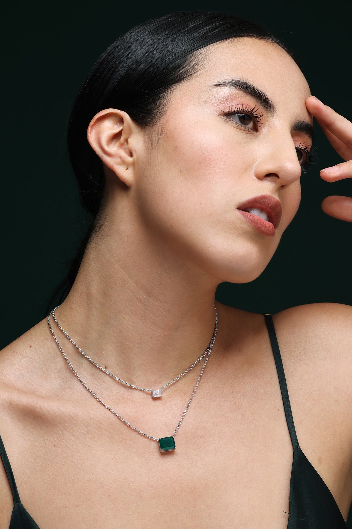 Gold Modern CZ & Green Stone Necklace