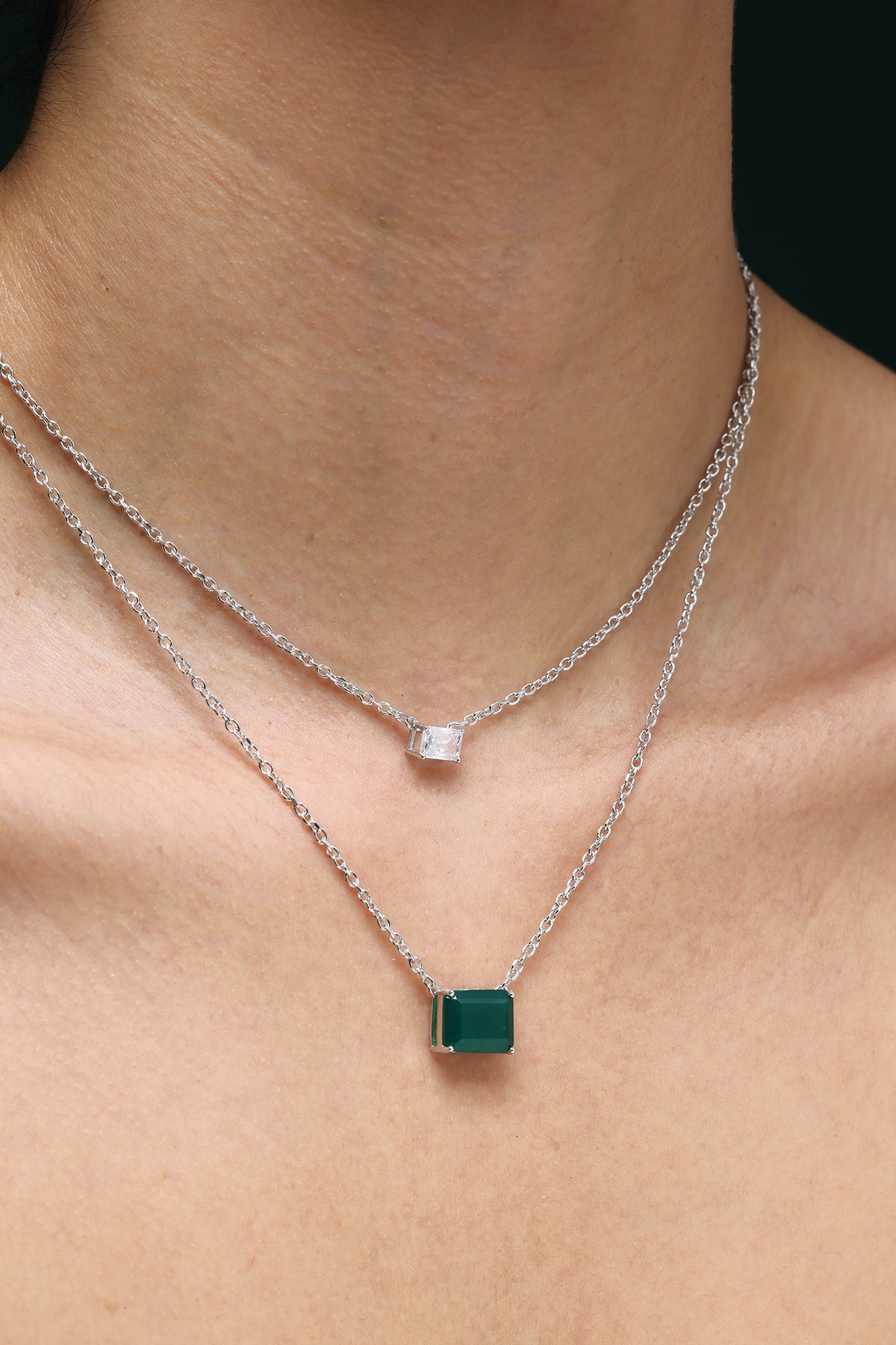 Gold Modern CZ & Green Stone Necklace