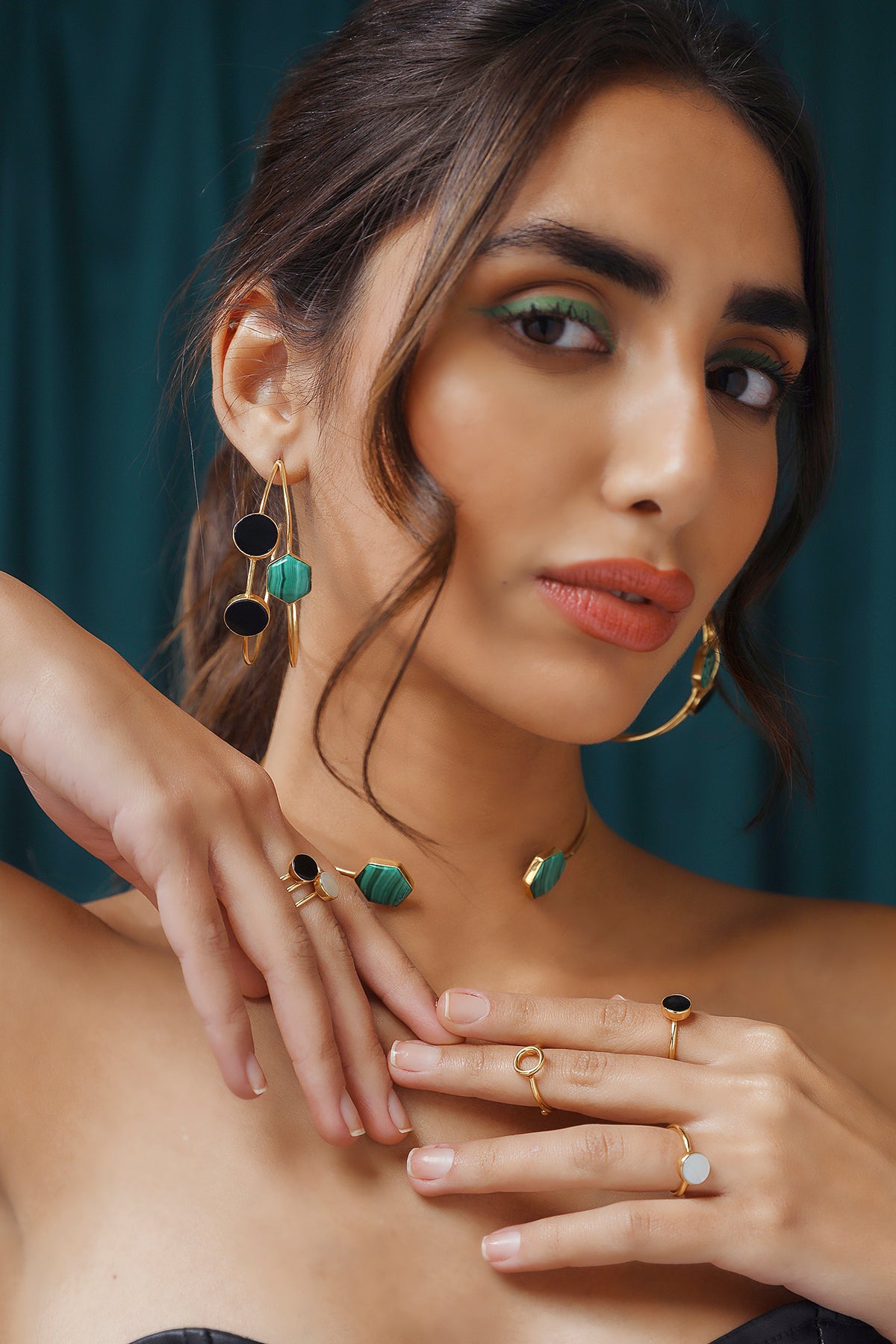Gold Black Onyx & Malachite Statement Hoop Earrings