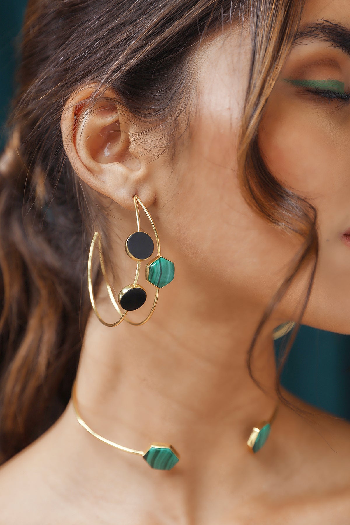 Gold Black Onyx & Malachite Statement Hoop Earrings