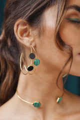 Gold Black Onyx & Malachite Statement Hoop Earrings