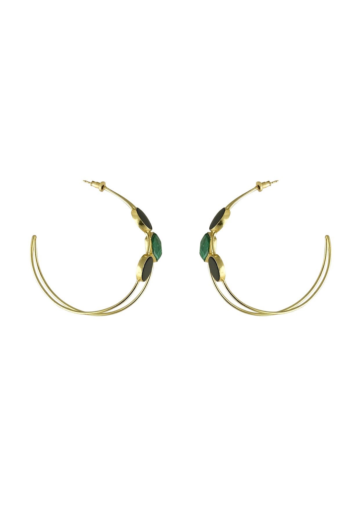 Gold Black Onyx & Malachite Statement Hoop Earrings