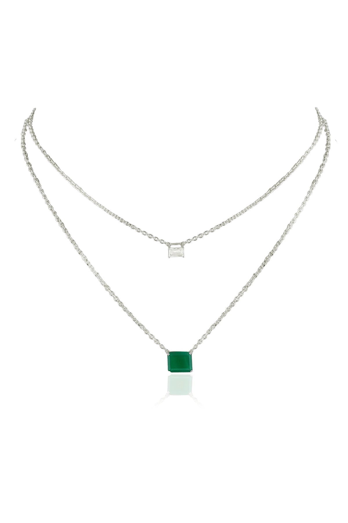 Gold Modern CZ & Green Stone Necklace
