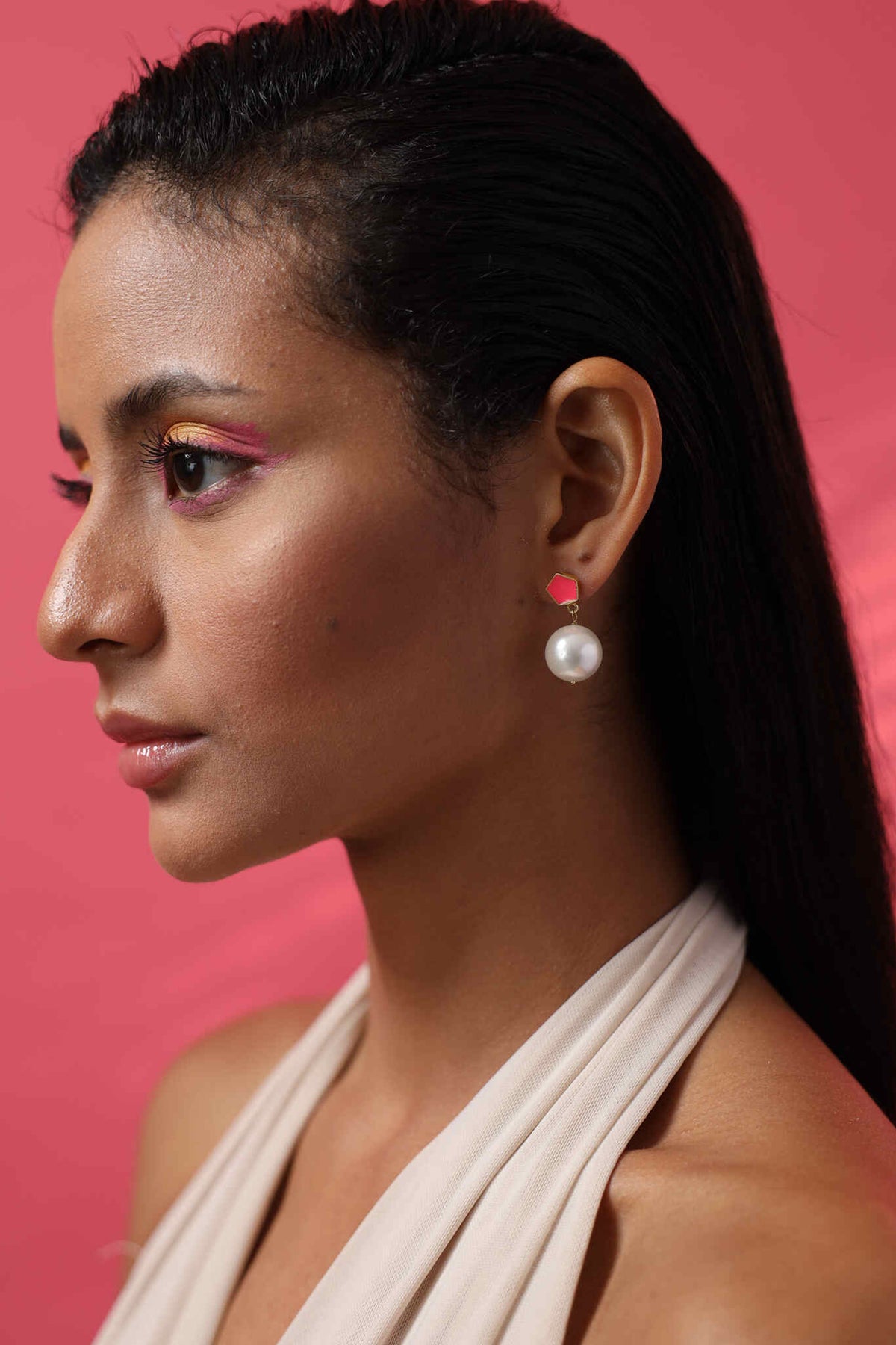Pink Enamel Geometric Stud Earrings